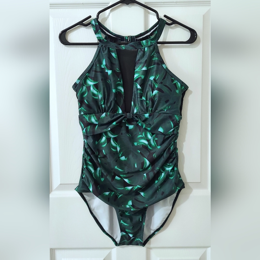 Monstera Leaf Print with Keyhole Back One Piece Swimsuit
